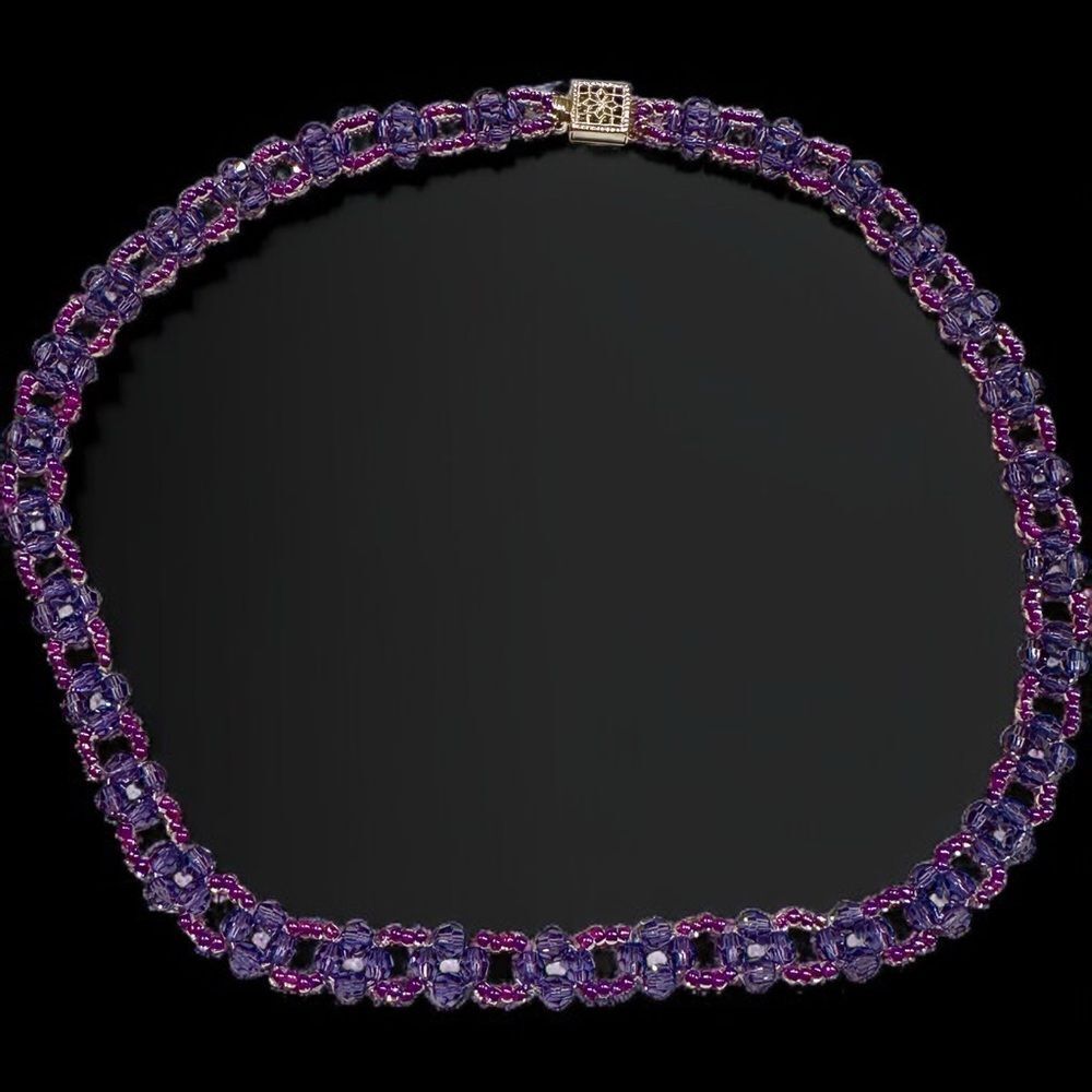 Vintage Purple Genuine Amethyst Weaved Beaded Necklace 16” Silver Box Clasp